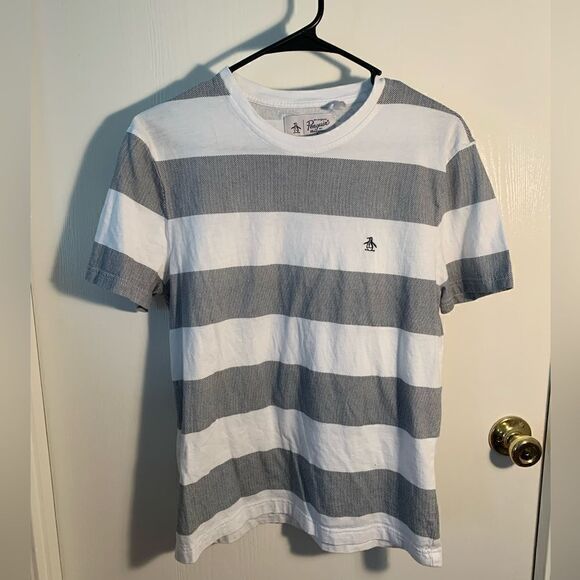 Original Penguin EUC navy blue/white stripe T shirt Size small - Picture 1 of 4